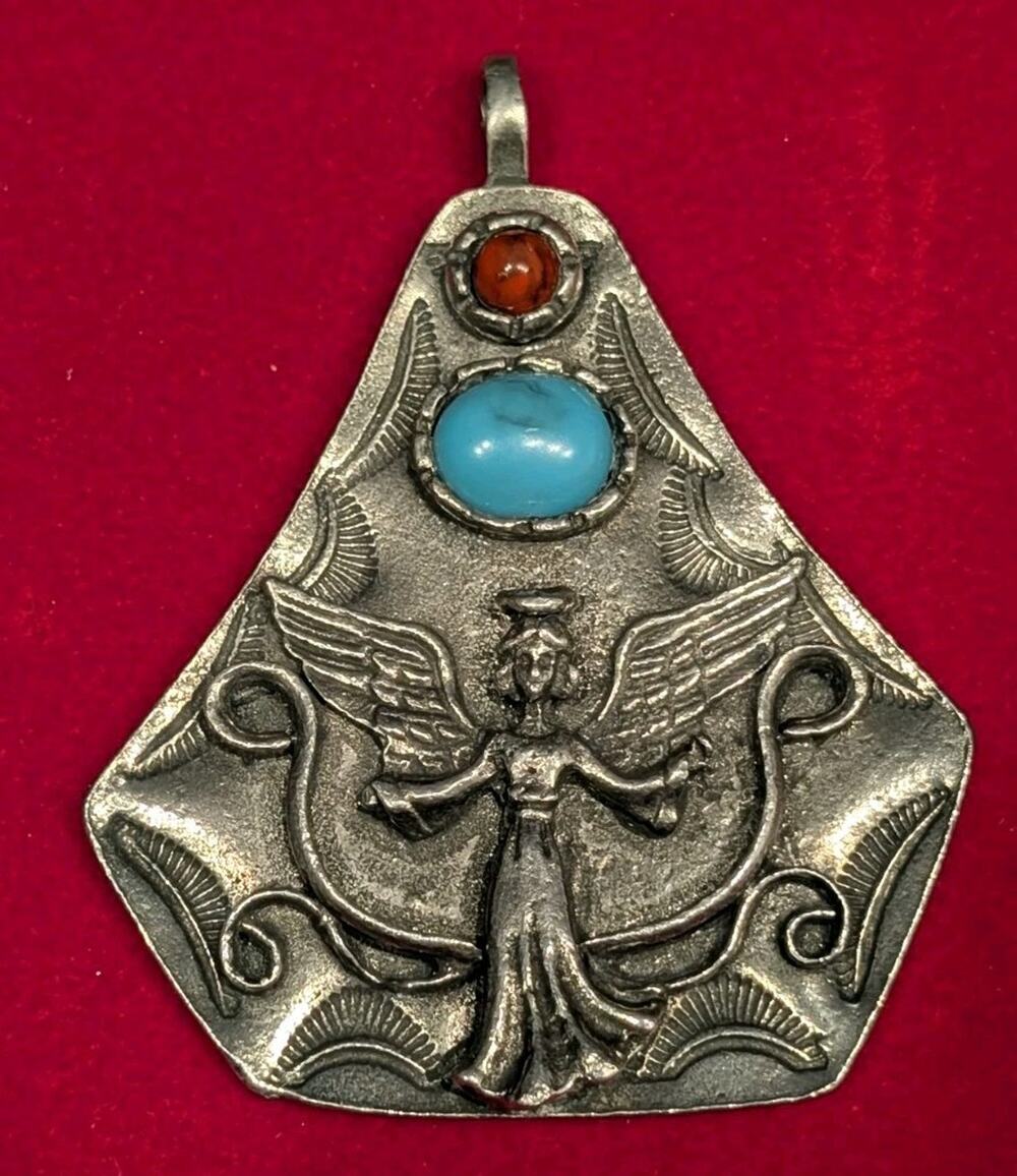 Funky Artisan Vintage Turquoise Angel 925 Sterling Silver Necklace Pendant